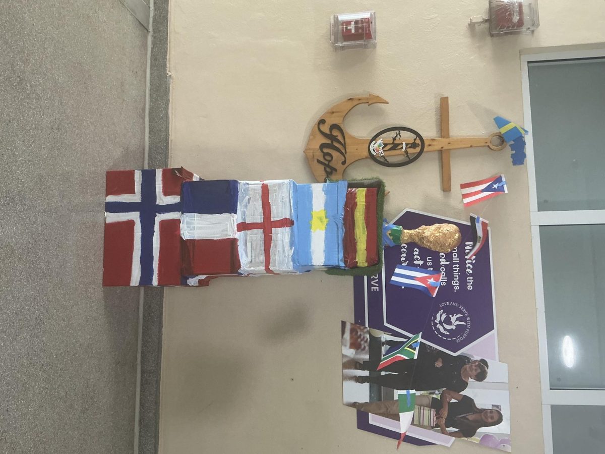 5 painted boxes representing the flags of Spain, Argentina, England, France, and Norway