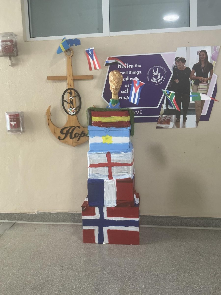 Painted boxes that represent the flags of Spain, Argentina, England, and
