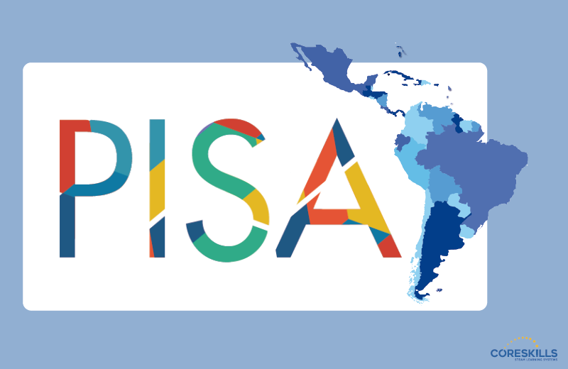 This logo for PISA symbolizes the worldwide test used to evaluate teenagers’ academic performances and real- world problem solving.
