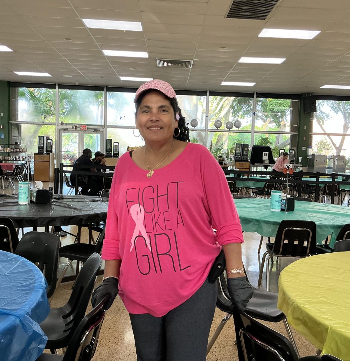 Ms. Cari Benet wears pink on Pink Thursday to show her support for Breast Cancer Awareness.