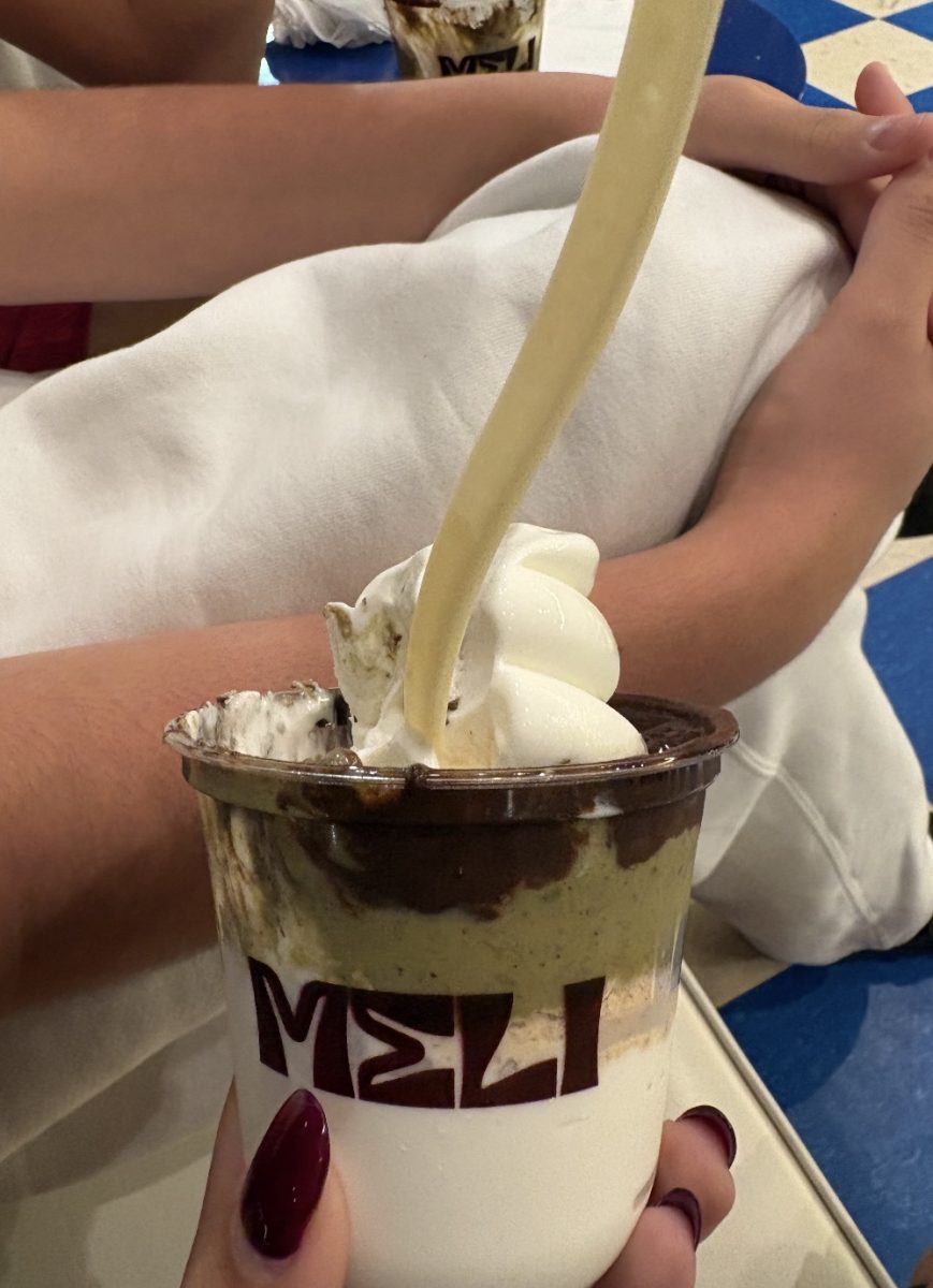 A delicious cup of Meli frozen yogurt topped with chocolate and creamy soft serve, making it the perfect sweet treat.