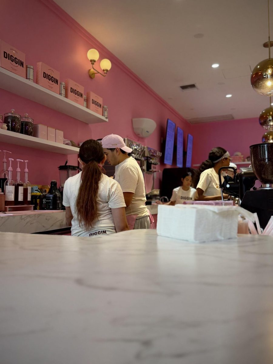 Staff prepare each order while customers watch from the counter.