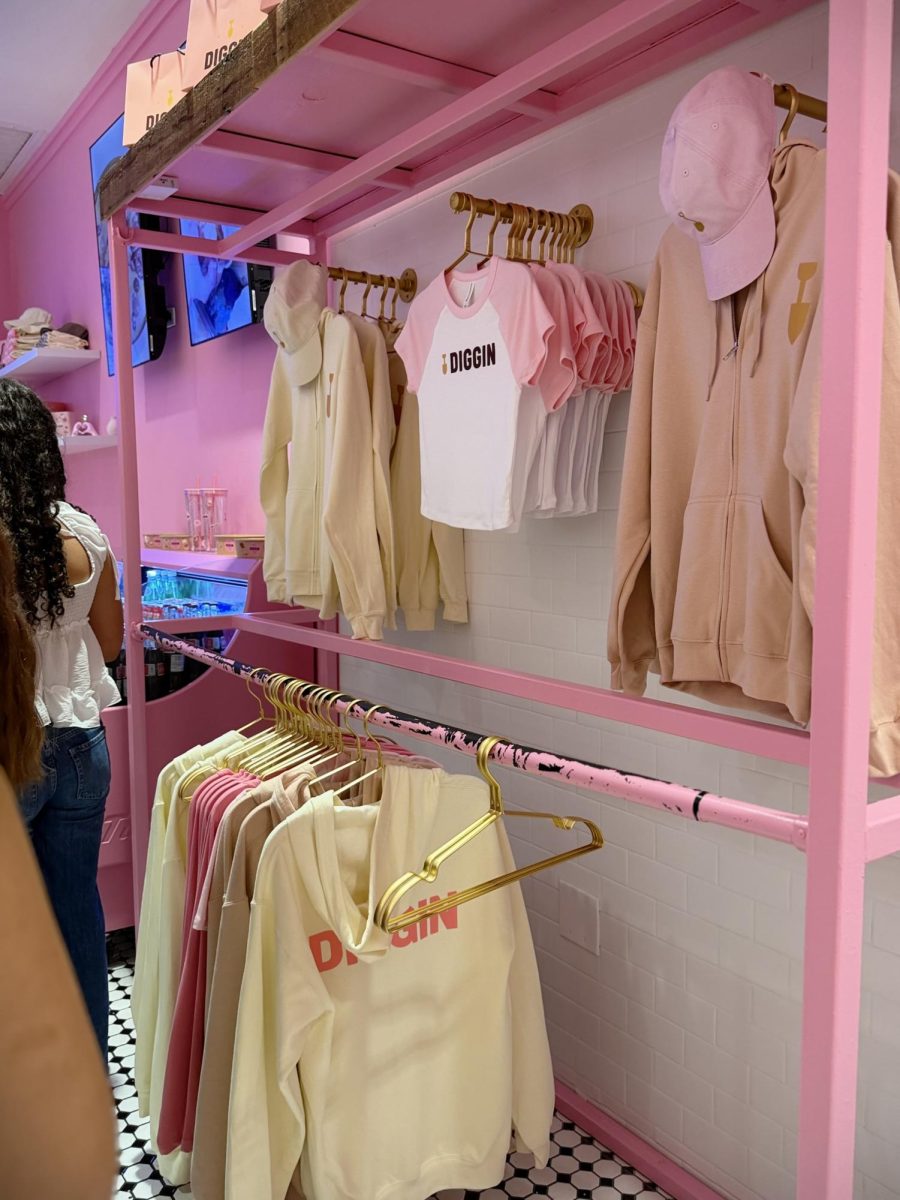 The visual identity carries through from the walls to the merchandise.