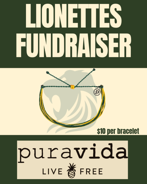 The Lionettes eye-catching fundraiser poster displays the green and gold Pura Vida bracelet.