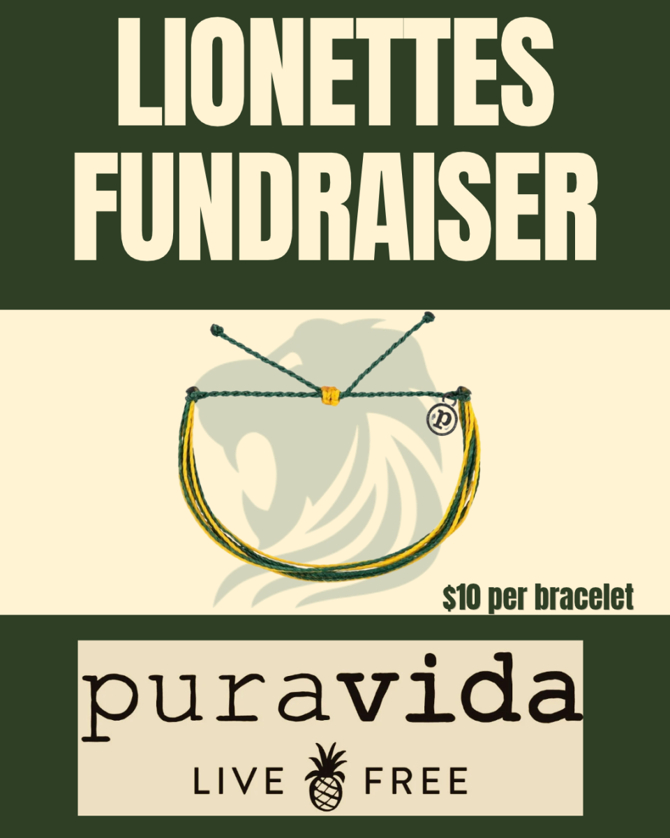 The Lionettes eye-catching fundraiser poster displays the green and gold Pura Vida bracelet.